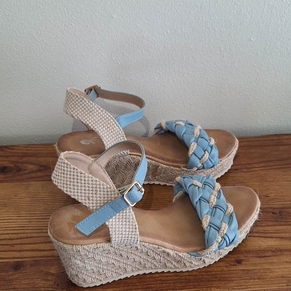 Blue and Cream Woven Wedge Sandals Size 9